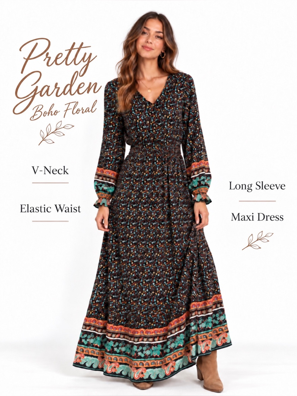 Pretty Garden Boho Floral V Neck Maxi Dress Black rust blue